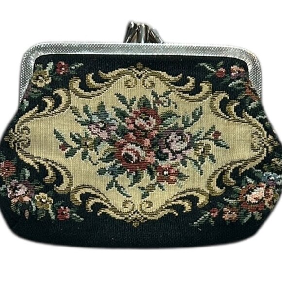 Vintage Floral Tapestry Coin Purse‎ Black & Cream Kiss Lock Wallet Needlepoint - Picture 2 of 4